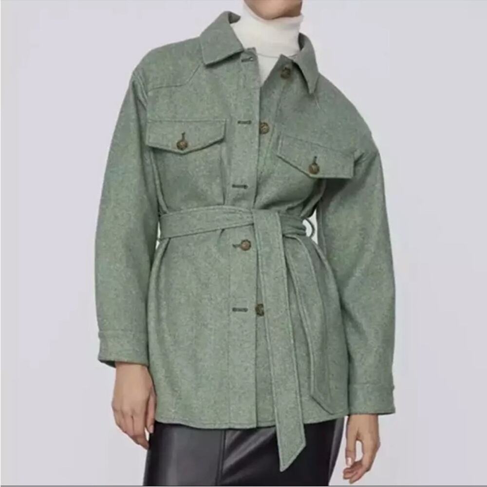 Zara Green Felt Belted Shacket - Picture 5 of 7